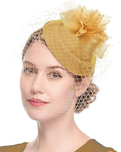 Generisch Fascinator für Damen, 20er / 50er Jahre, Vintage-Stil, Pillbox-Hut, Derby-Fascinator, Blumenschleier, Clip, Derby-Hut, gold, Einheitsgröße