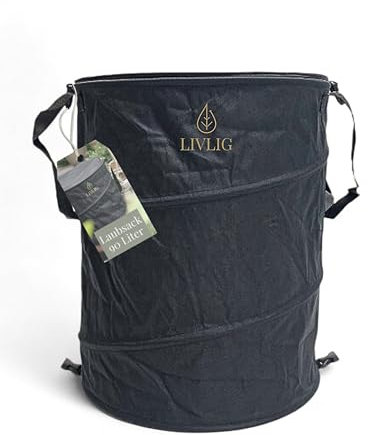LIVLIG Pop Up Gartensack 90L, Doppelter Boden - extra stabil, Laubsack mit Deckel, Gartenabfallsack stabil, Laubbehälter faltbar und selbstaufstellend, Schwarz