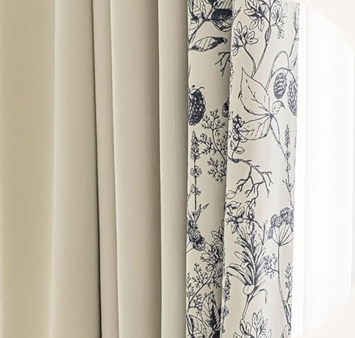 Daesar Gardinen Blickdicht Beige 132x244CM, Verdunkelungsvorhänge mit Ösen 2er Set Zweifarbig Bedruckt mit Blumen Motiv Schiebevorhänge Vorhang Schlafzimmer Wohnzimmer