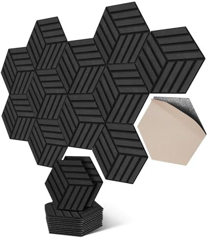 Hexagon Akustikplatten selbstklebend - Schallabsorber für Wand & Decke - 30x26x0.9cm, 12er Pack, weiß - Perfekt für Wohnräume, KTVs, Musikzimmer & Büros. (Schwarz Streifen-Hexagon)