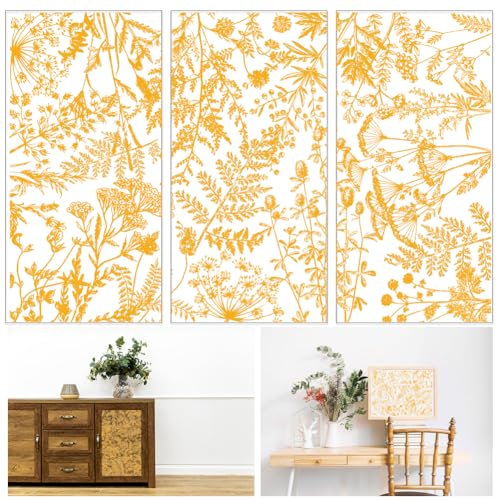 GLOBLELAND 3 Sheets Golden Plants Furniture Transfer 6x12inch Wild Flowers Ferns Rub on Transfer Self-Adhesive Wall Art Decals for Bedroom Living Room Desk Table Decoration