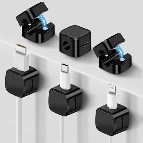 ATARAXIA HOME 6 Sujeta Cables Adhesivo y Magnético - Organizador de Cables para Escritorio, Mesa y Oficina, Magnetic cable clips, Recogecables Adhesivos, Sujetar Cables Mesa USB (6, Negro)