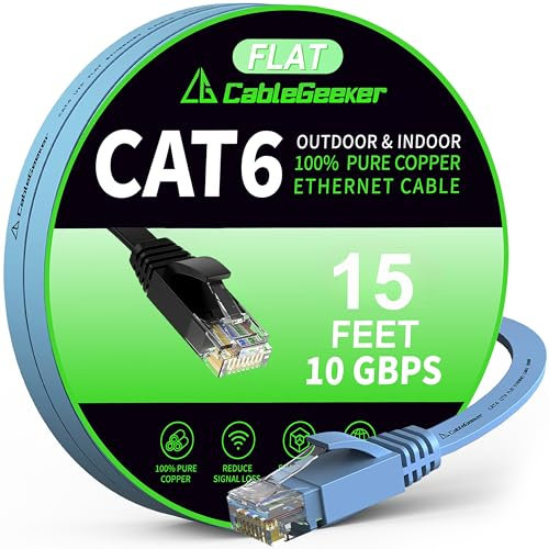 Cat 6 Ethernet Cable 15ft, Indoor&Outdoor, High Speed 10Gbps Flat Internet Network Cable, Cat6 Ethernet Patch Cable Short, Cat6 Computer Cable with Snagless RJ45 Connectors, Blue
