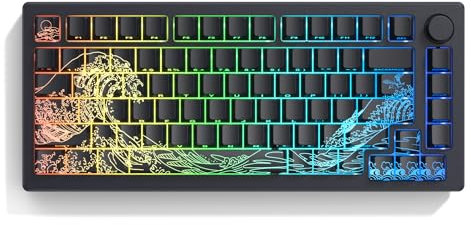dagaladoo Black keycaps Double Shot PBT keycaps Shine Through Wave of Kanagawa Side Printed Key caps Cherry Profile Custom Key Cap Set for 100%, 75%, 65%, 60% US Layout Mechanical Keyboard