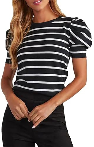 Cocila Maglietta da Donna con Maniche A Palloncino Pullover Righe Girocollo Camice Notte Lunghe Maglia Viscosa Donna Curvy Senape Maglia Cotone Colorata T Shirts Rossa Ragazza Eleganti Estive