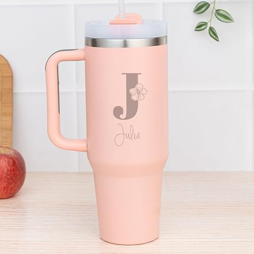 Wanapix | Taza Térmica XL Personalizada de Doble Capa | Capacidad 1,2 L | Conserva Frío y Calor Horas | Color Rosa | Personaliza mediante Grabado | Inicial