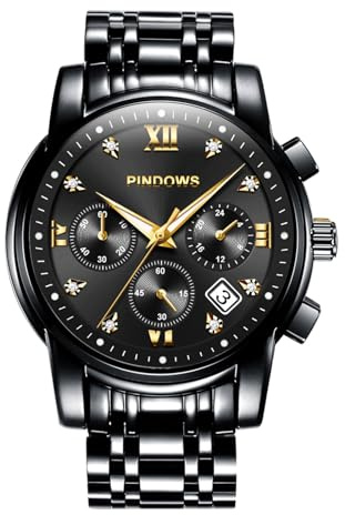 PINDOWS Herrenuhr, Quarz, Wochentag/Datum, Edelstahl, 3 ATM | 42 mm Profil, Tages- und Datumskalender, 120 g solide Bauweise, versteckter Schmetterlingsverschluss, Leuchtzeiger