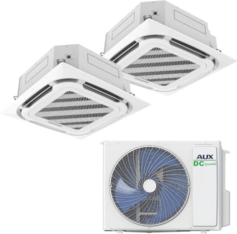 A++ AUX Air Conditioning Set 36000 BTU (10.5 kW) - Outdoor Unit + 2 x Ceiling Cassette 18000 BTU - R32 Refrigerant - White - Quiet Air Conditioning for 2 Large Rooms - Ready for Connection