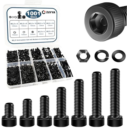 Zuyya 1001 Stück M2,5 Schrauben Set, Zylinderkopfschrauben Set | Innensechskant Schrauben Schwarz, Maschinenschrauben Kohlenstoffstahl, Gewindeschrauben Set mit Muttern und Unterlegscheiben