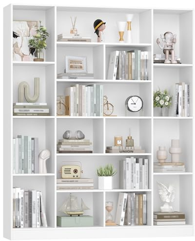 Hzuaneri Bücherregal 17 Fächer Standregal, 24,3 x 150 x 190,4 cm, Weiß | Bücherschrank, Standregal, Aufbewahrungsregal, 17 offene Fächer, großes Regal, für Wohnzimmer Büro Schlafzimmer, BC46603X