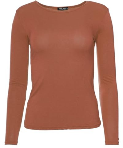 Easy Young Fashion - Damen Basic Rundhals Shirt - Langarm Unterziehshirt - Skinny Fit 1093 - Terracotta L