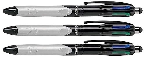 BIC Lot de 3 Stylos 2 en 1 Bille + Stylet 4 COLOURS GRIP STYLUS Corps Gris Pte Moy. 4 Couleurs