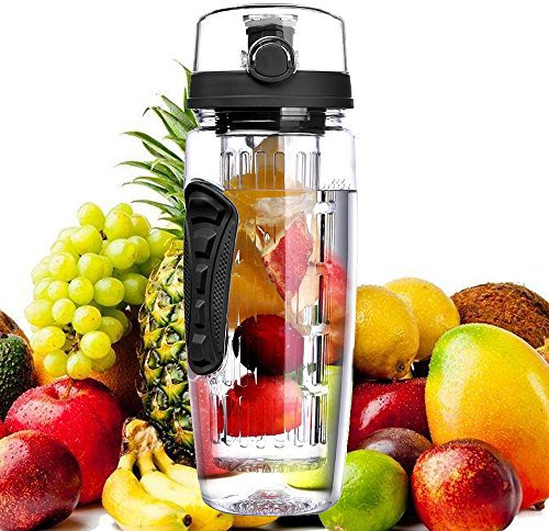 seebesteu Bottiglia Acqua Detox 1 Litro Bottiglia Infusore Frutta Riutilizzabile Tritan Resistente Senza BPA Impugnatura Antiscivolo Borraccia Sportiva (Nero)