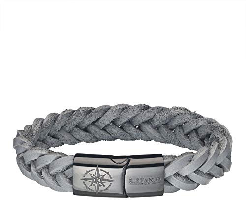 Kistanio Männer Armband in 4 Größen & Farben - Lederarmband Geflochten mit Kompass Gravur und Magnetverschluss aus Edelstahl - 20cm - Grau Schwarz