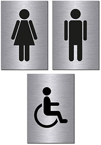 3er Set-Mann-Frau-Rollstuhl-Behinderte-Symbol-Toilette-Klo-WC-Schild 150 x 100 x 3 mm-Aluminium Edelstahloptik silber mattgebürstet Hinweisschild-Warnschild (3er Set Nr. 3 = 3 Stk. mit Klebepats)