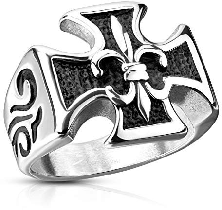 Paula & Fritz® Ring Herren massives Schwarzes Kreuz 316L Chirurgenstahl Gr. 64 (20,4) Silber/Schwarz Männerring Soldatenring Gothic Siegelring Biker