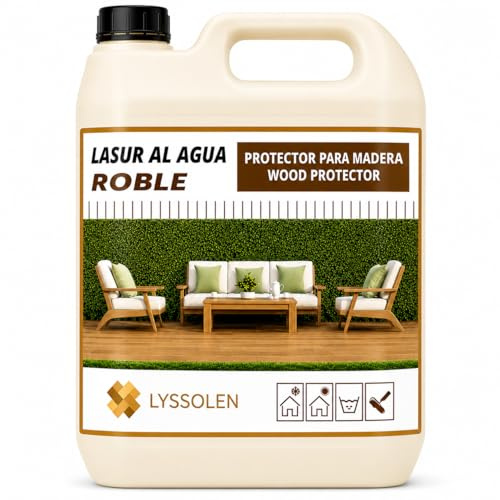 LYSSOLEN Lasur Protector Barniz Madera Exterior e Interior | Al Agua, Poro Abierto, Satinado Color Roble | Impermeabilizante con Filtro UV para Terrazas, Vallas, Vigas y Muebles | 8 Años | 1 Litro