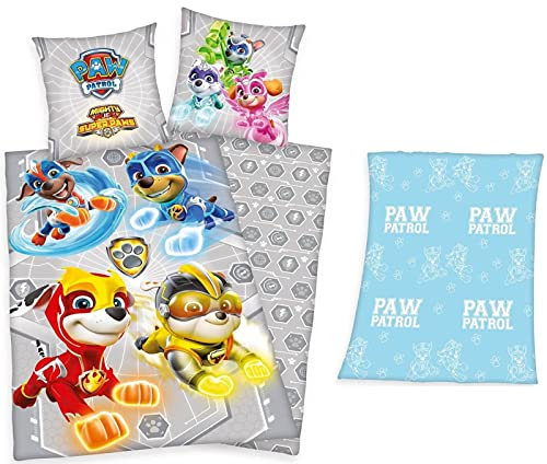 rainbowFUN.de PAW Patrol: Mighty Pups Bettwäsche-Set 135x200 80x80 und Glow Fleecedecke 130x160 Herding