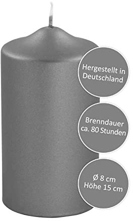 FINK graue Kerzen für Tischdekoration Sylvester 2024 2025 - rußarm - lange Brenndauer ca 80 Stunden - Hochzeitsdeko H 15 D 8 cm