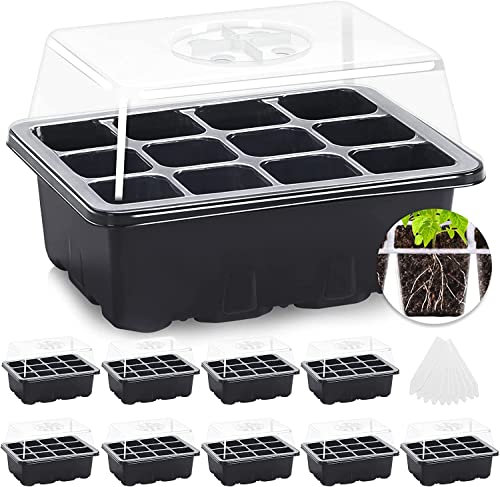 MIXC Seed Trays,10 Pack 120 Cells Seed Tray for Seedlings Reusable, Seed Trays with Lids, propagators for plants, Germination Trays Kit Plastic for Greenhouse/Garden Black