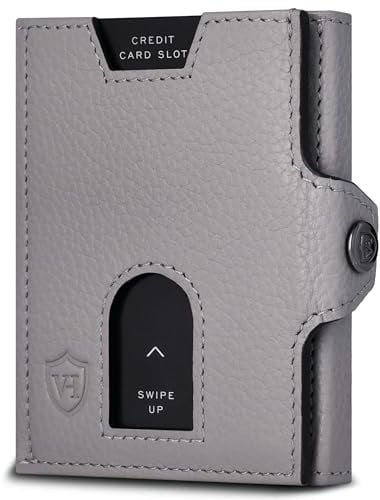 VON HEESEN Slim Wallet mit XL Münzfach & RFID Schutz - Leder Geldbörse Herren klein - Mini Geldbeutel Damen Portmonee - Kartenetui Echtleder Karten Portemonnaie - Kreditkartenetui Grau