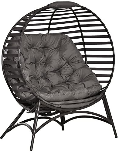 Outsunny Egg Chair with Soft Cushion, Steel Frame and Side Pocket, Garden Patio Basket Chair for Indoor, Outdoor, Brown