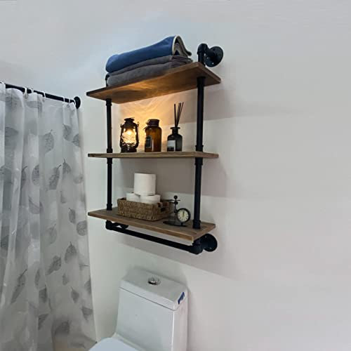 ROGMARS Étagère industrielle en tuyau de salle de bain avec barre porte-serviette, 61 cm, étagère murale flottante rustique, 3 niveaux avec crochet