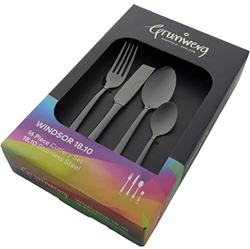 Grunwerg Windsor 16 Piece Cutlery Set, Black, 18/10 Stainless Steel, PVD Coating, 4 x Table Knives, Table Forks, Dessert Spoons, Teaspoons