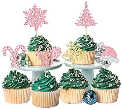 Gyufise 24Pcs Christmas Cupcake Toppers Christmas Ho Ho Cupcake Picks Pink Glitter Christmas Tree Cupcake Toppers Snowflake Cupcake Toppers Christmas Cupcake Decorations