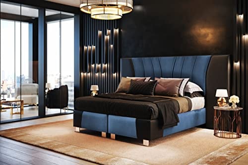 TRADA Boxspringbett Imperial 140x200 cm - Bett aus Leder und Velvet Bezug - Boxspringbett mit Matratze - Schwarz Leder und Meerblau Velvet