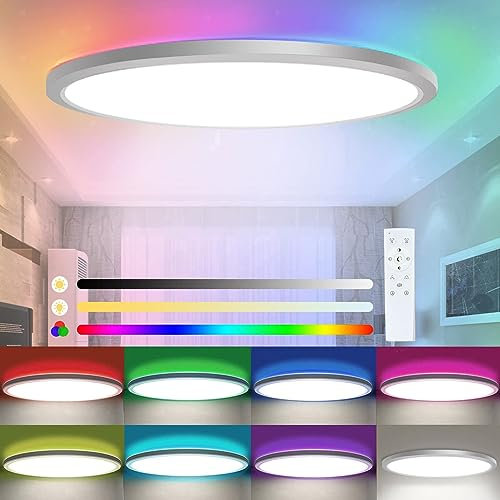 Sentasi 24W LED Deckenleuchte Dimmbar mit Fernbedienung,RGB-Hintergrundbeleuchtung 7 Farbwechsel,3200LM 3000K/4000K/6500K Ultra Dünn Wohnzimmer Deckenleuchte für Schlafzimmer/Wohnzimmer/Küche