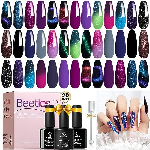 Beetles Gel Polish Set, 20 Farben Cat Eye Gel-Nagellack-Set Glitzer Dunkle Blau Grün Violett Rot Farbwechsel Nail Kit mit Basisgel glänzendem mattem Decklack Soak-Off-UV DIY-Nagelkunst Geschenk