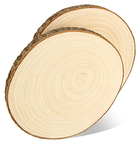CYEER 2 Pcs Natural Wood Slices 24-28cm, Unfinished Large Wooden Log Slices Wooden Discs for Crafts, Round Log Slices with Bark and No Hole for DIY Arts Christmas Ornaments Wedding Decorations