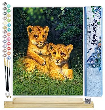 Figured'Art Peinture par Numéro Adulte Lionceaux - Activité Manuelle Kit de Loisir Créatif DIY Numéro d'Art Complet - 40x50cm avec châssis en bois à monter