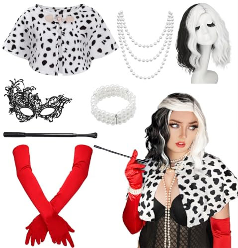 Mrsclaus Cruella Kostüm für Damen Cruella Deville Perücke Schal Handschuhe Cruella Holder Perlenkette für Luxus Halloween Mottoparty Karneval Kostüm set für Frauen Mädchen C028