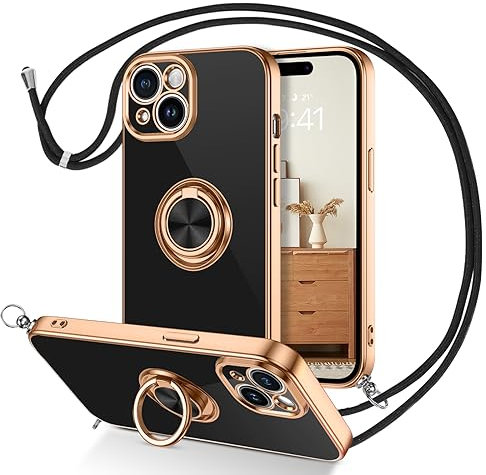 GUAGUA Handyhülle für iPhone 15 Hülle iPhone 15 Handykette mit Band 360° Ring Ständer Schutzhülle Magnetische Autohalterung Stoßfest Galvanisierte TPU Schutzschale, (6,1'') Schwarz