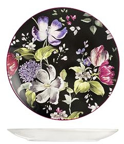 H&H Bouquet Set 12 Piatti Frutta, Porcellana, Decoro Floreale, Nero, 20cm