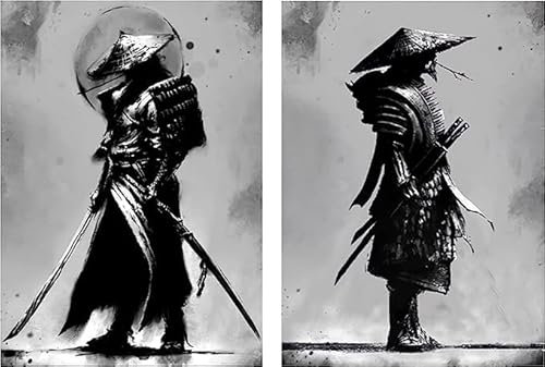 IUNTWEIE Japan Samurai Porträt Bilder Bushido Japanische Krieger Leinwandbilder Wandkunst Schwarzweiss Poster für Wohnzimmer Schlafzimmer Dekor ohne Rahmen (2x80x120cm)