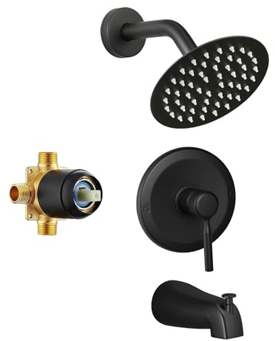 Tub Shower Faucet Set Valve Included with 6-Inch Rain Shower Head and Tub Spout Single-Handle Tub and Shower Trim Kit Matte Black