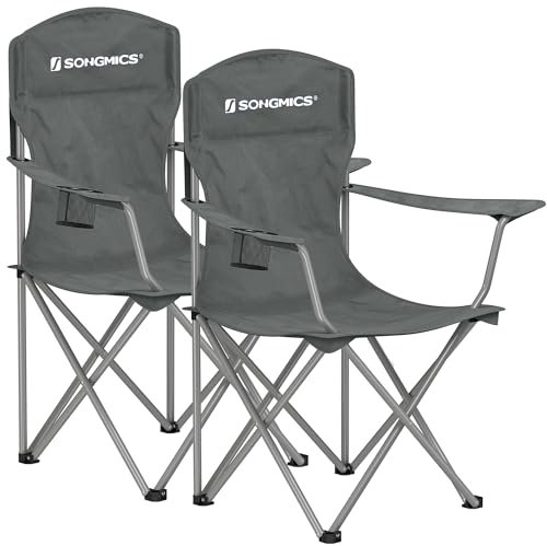 SONGMICS Campingstuhl 2er Set, Klappstuhl Outdoor, Angelstuhl, hohe Rückenlehne, Armlehnen, Getränkehalter, klappbar, bis 150 kg belastbar, Camping Garten Terrasse, schiefergrau GCB008G01