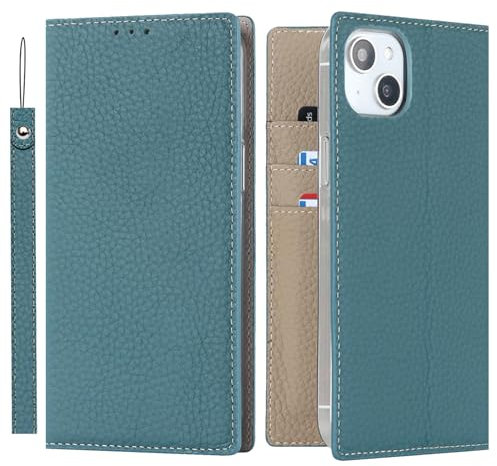 ELTEKER Custodia per iPhone 13, in vera pelle, per iPhone 13, con scomparto per carte di credito, in pelle, per iPhone 13, azzurro