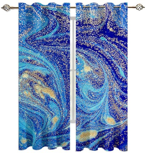 Blauer Marmor Verdunklungsvorhänge, Goldfolienkunst 3D Digitaldruck Ösen Vorhang 2Er Set, Blickdicht Gardinen Kinderzimmer Schlafzimmer Wohnzimmer Thermovorhang 2 x 132.5B x 215H cm