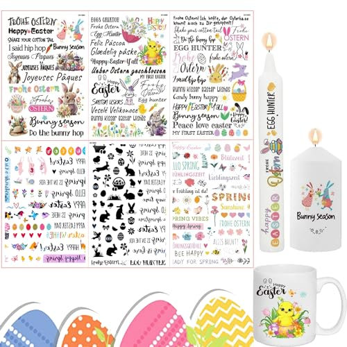 RHHGOPM 6 Stück Kerzentattoo Wassertransferdruck,Kerzensticker Kerzenfolie,Ostern Kerzentattoos,Kerzenfolie Frühling, Kerzentattoo Frohe Ostern für Kerze Tasse DIY Geschenk, OS243602