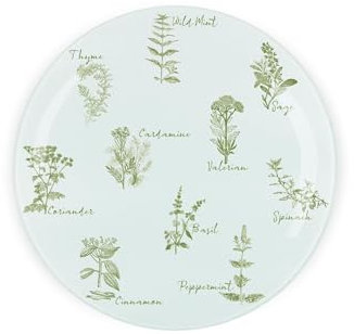 Green Herbs Round Glass Trivet Kitchen Gift - Textured Chopping/Cutting Board Worktop Protector with Non-Slip Feet 20cm x 20cm (8 x 8)