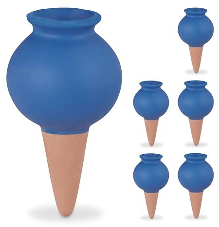 Relaxdays Sfere da Irrigazione a Goccia, Set da 6, Coni per Annaffiatura Automatica per Piante in Vaso, Terracotta Blu, Ceramica