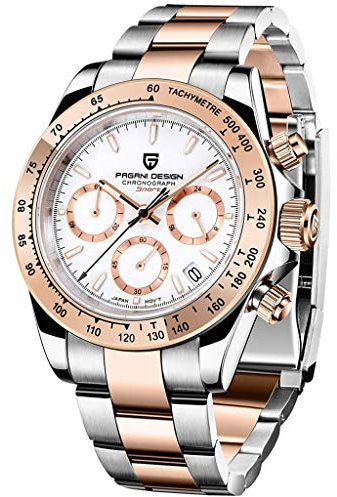Pagani Design Klassische Quarzuhr für Herren, Japanisches Uhrwerk VK63, Keramik-Lünette, Edelstahl, wasserdicht, Business Sport, Chronograph Datum (Gold-weiß-pd1644)