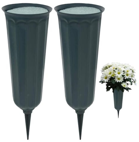 Grabvase, 2pcs Grabblumentöpfe mit Schaumstoffeinsätzen und Spikes 10x3in Plastikfriedhof Vase DIY Decorative Memorial Grabvase für frische oder künstliche Blumen