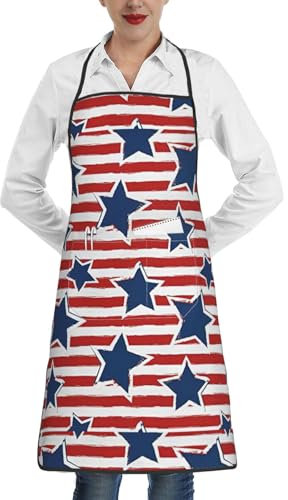 Lrtyuasq Unisex-Schürzen mit roten und weißen Sternen, Flagge, Taschen, wasserdicht, Lätzchen, Erwachsene, Schürzen mit verstellbaren Schultergurten, Flagge mit roten und weißen Sternen, Einheitsgröße