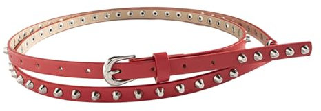 amangul Taillengürtel, Nietengürtel für Damen, DoubleLoop, modisch, schmale Dornschnalle, Bund, Jeans, Hosen, Gürtel, Damen-Accessoires, rot, Length (Cm): 173Cm