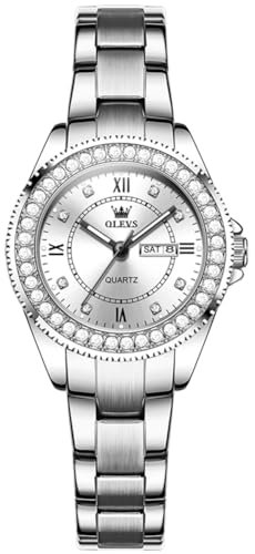 OLEVS Watches for Women Klassisches Weiß Großgesicht Analoger Quarz Kleid Uhr Römische Ziffern Silber Edelstahl Damen Armbanduhr Stylish Luxus Leuchtend Kalender Diamant Uhr Damen